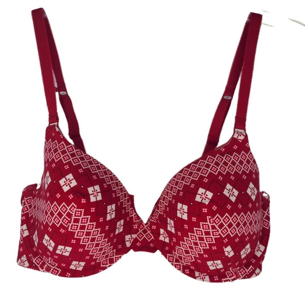 Ambrielle Bra 36C Red Pink White Fair Isle Print Underwire Demi Cotton Argyle